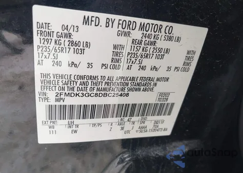 2013 Ford Edge Se из США, поврежденный, VIN 2FMDK3GC8DBC25408